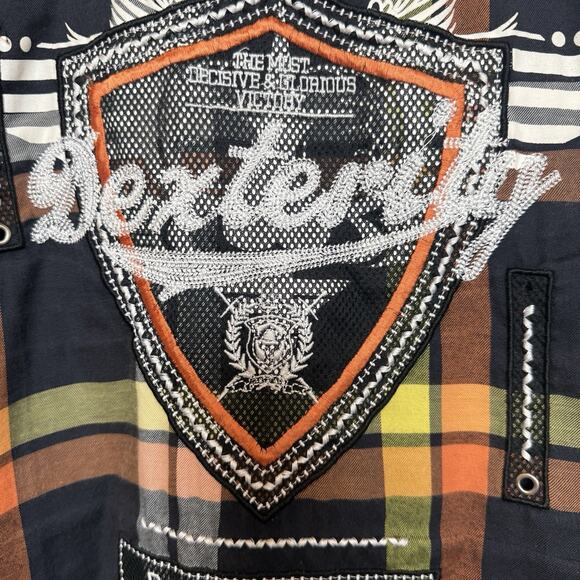 Raw Blue Mens Plaid Embroidered Button Shirt Size 4XL Grunge Skater Biker Y2K - Picture 10 of 16